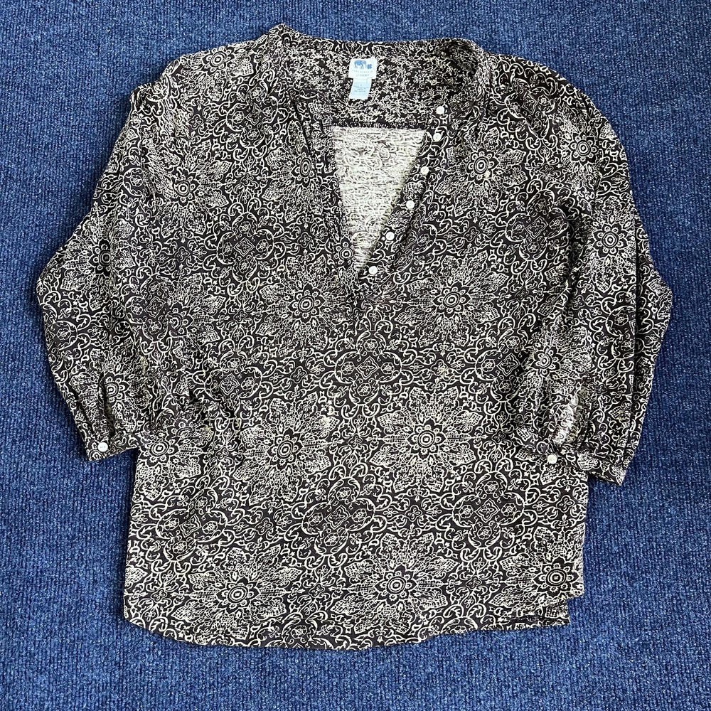 Y2K John Robshaw Lucky Brand Shirt Womens Large Brown Boho Floral Print Tunic